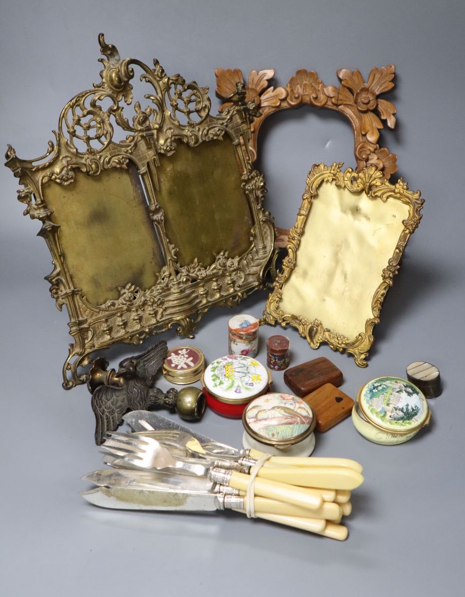 Miscellaneous items including pine frame, mini easel, two brass frames, eight silver plated fish knives and forks, nine small boxes, ea